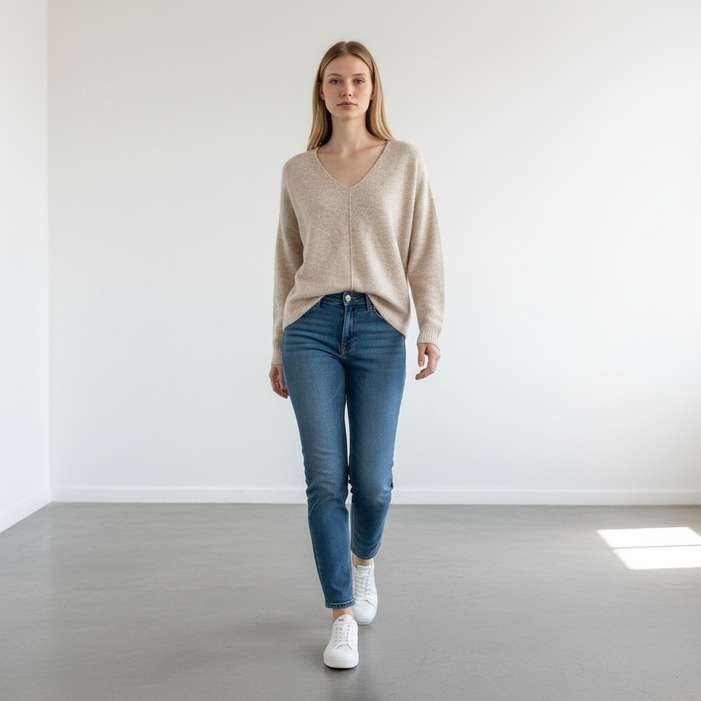 H&M Womens Small Beige & Gray Knit Oversized Fuzzy V-Neck Wool Blend Sweater